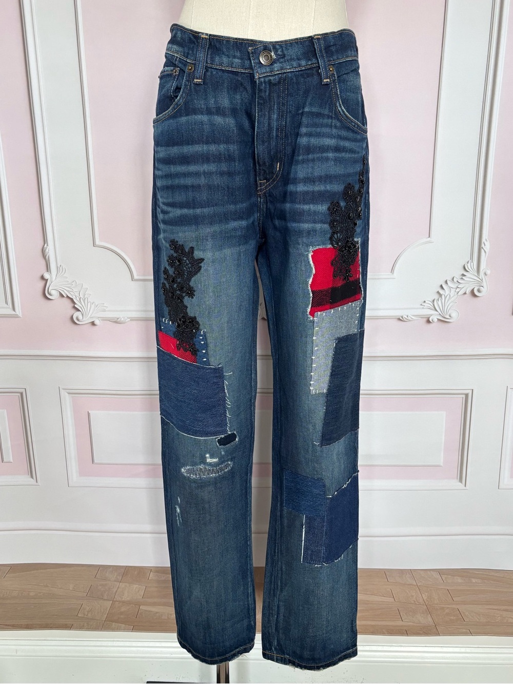LAUREN RALPH LAUREN Patchwork Relaxed Tapered Lace Plaid Straight Jean--NWT--30 - Picture 2 of 16